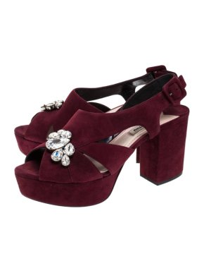 Miu Miu Burgundy Suede Crystal Sandals