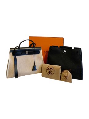 Hermes Herbag 31 in Black Toile & Natural Toile