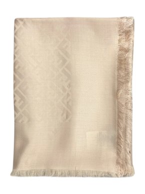 Fendi Monogram Beige Fringed Wool & Silk Scarf
