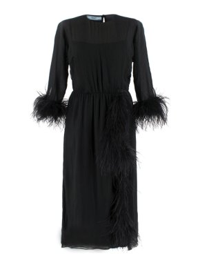 Prada Black Feather-trimmed silk-georgette lightweight midi dress