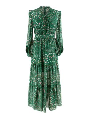 Three Floor Green Floral Ruffle Neck Hansen Maxi Dress