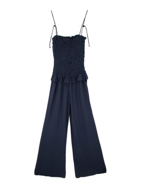 Tory Burch Navy Smocked Silk Crepe Jumpsuit