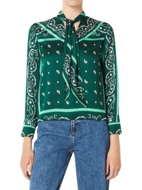 Sandro Green Scarf Print Pussy Bow Top
