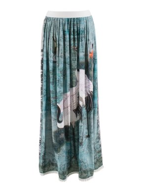 Replay Green Bird Print Pleated Maxi Skirt