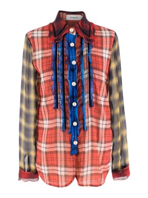 Coach Red Checked Chiffon Ruffled Shirt
