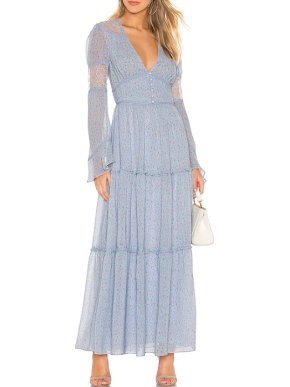 Divine Heritage Button Up Blue Floral Print Maxi Dress