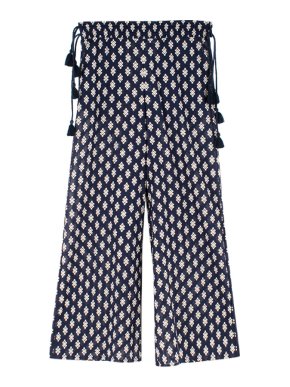 Tory Burch Navy Sheer Printed Cotton Wide Leg Trousers