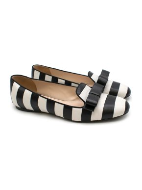 Prada Striped Leather Bow Detail Ballerina Flats