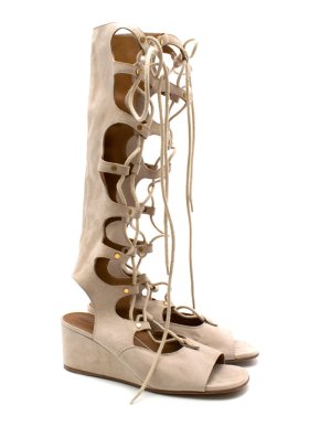 Chloe Nude Suede Lace Up Wedged Sandals