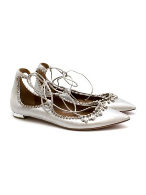 Aquazzura Lace Up Silver Tone Embellished Flats