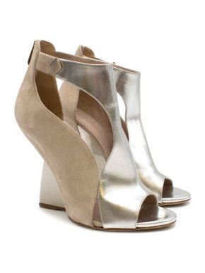 Sergio Rossi Suede and Silver Peep Toe Wedge Heel Sandals