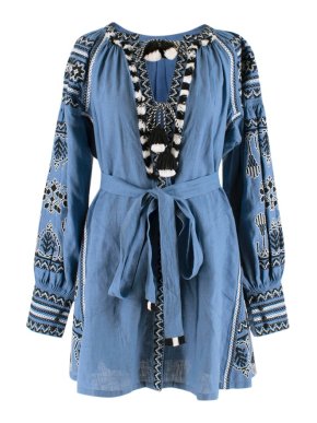 Vita Kin Blue Linen Embroidery Mini Dress