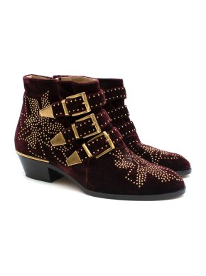 Chloe Burgundy Susanna Velvet Embelished Ankle Boots