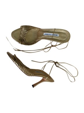Manolo Blahnik Woven Leather Gold Sandals