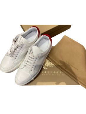 Burberry White Leather & Red Suede Low Top Sneakers