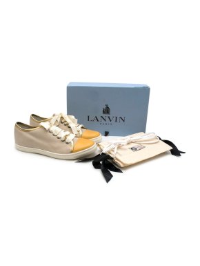 Lanvin cream & gold canvas low rise trainers