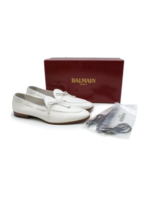 Balmain White Grained Leather Loafers
