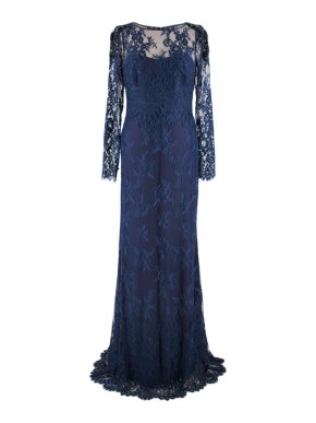 Marchesa Notte Navy long sleeve lace gown
