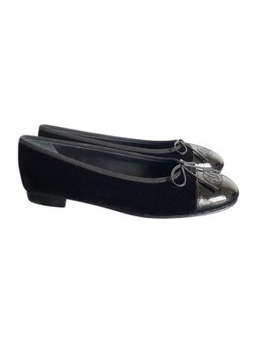 Chanel Black Velvet Patent Cap Toe Ballerina Flats