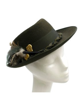 Ishler Hut Vintage Original Furfelt Round Top Green Hat with Feathers