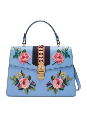 Gucci Blue Embroidered Medium Sylvie Top Handle Bag