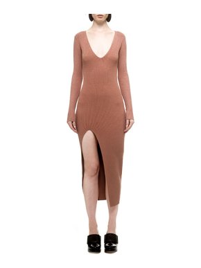 Self-Portrait Beige Ribbed Knit Deep V Dress