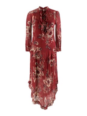 Zimmermann Maroon Ruffled Floral Print Silk Dress