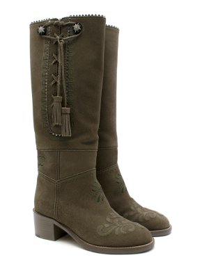 Chanel Olive Suede Embroidered Tassel Knee Boots