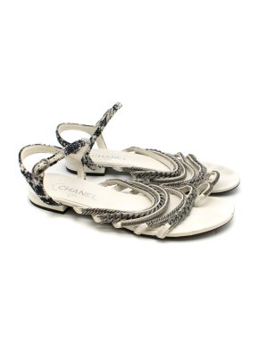 Chanel White Tweed Chain Draped Flat Sandals