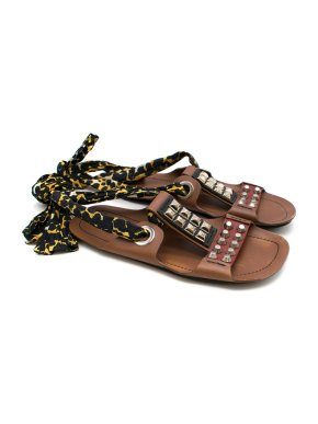 Prada Flat Brown Studded Leather Tie-up Sandals