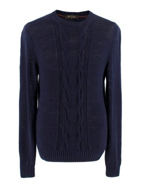 Loro Piana Navy Linen Cable Knit Jumper