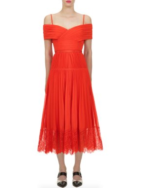 Self-Portrait Orange Off Shoulder Midi Dress