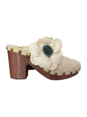 CHANEL Ivory Suede Camellia Clogs
