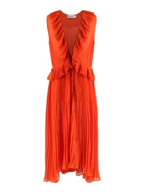 Self Portrait Orange Pleated Button Down Ruffle V Midi Dress