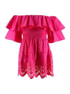 Self Portrait Fuchsia Embroidered Ruffle Off Shoulder Top