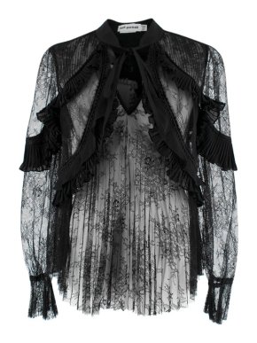 Self Portrait Black Fine Lace Pleated Blouse