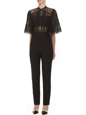 Self Portrait SS20 Black Fine Lace And Crepe Jumpsuit