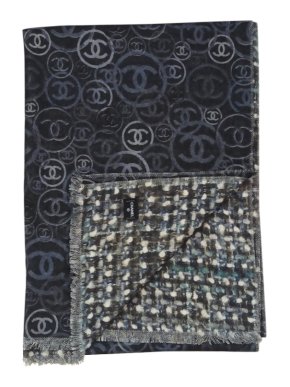 Chanel Grey Tweed/CC Print Cashmere Shawl