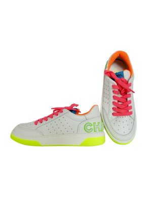 Chanel SS20 white leather low top trainers fluro neon pink yellow multi
