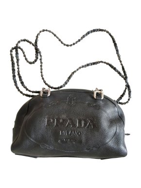Prada Black Leather Logo Embossed Tote Bag