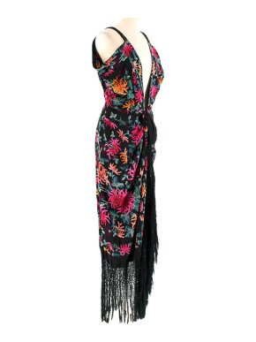 One Vintage Black V-Neck Embroidered Fringed Dress
