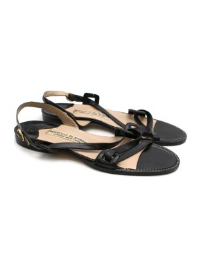 Manolo Blahnik Black Leather Slingback Flat Sandals