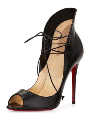 Christian Louboutin Black Leather Mega Vamp Lace-Up Red Sole Pump.