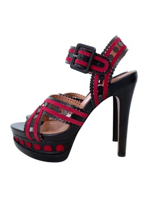Alaia Red & Black Suede & Leather Laser Cut Sandals