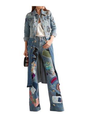 Roberto Cavalli Two-tone Patchwork Denim Embellished Longline Coat