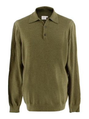 Sunspel Green Knit Merino Wool Long Sleeve Polo