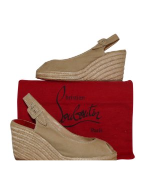 Christian Louboutin Tan Canvas Wedge Slingbacks
