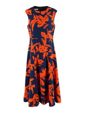 Dries Van Noten Navy Blue & Orange Printed Dress
