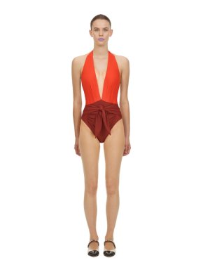 Self Portrait Contrasting V-Neck Plunge Halter Swimsuit
