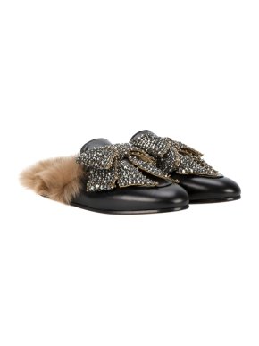 Gucci black leather Princeton crystal bow shearling fur lined mules